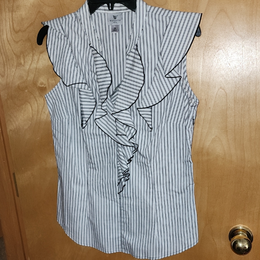 Worthington Stretch Black and White Striped Ruffle Blouse Side Zip